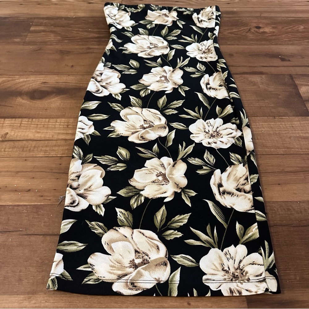 Black Floral Strapless Midi Dress Cream Flower Print Bodycon Tube Dress - Picture 3 of 3